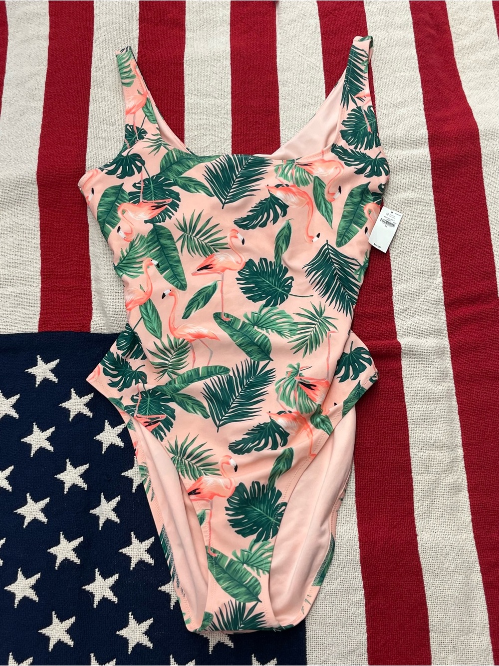 Tropical Flamingo One-Piece Swimsuit - Pink & Green Womens Size Large NWT